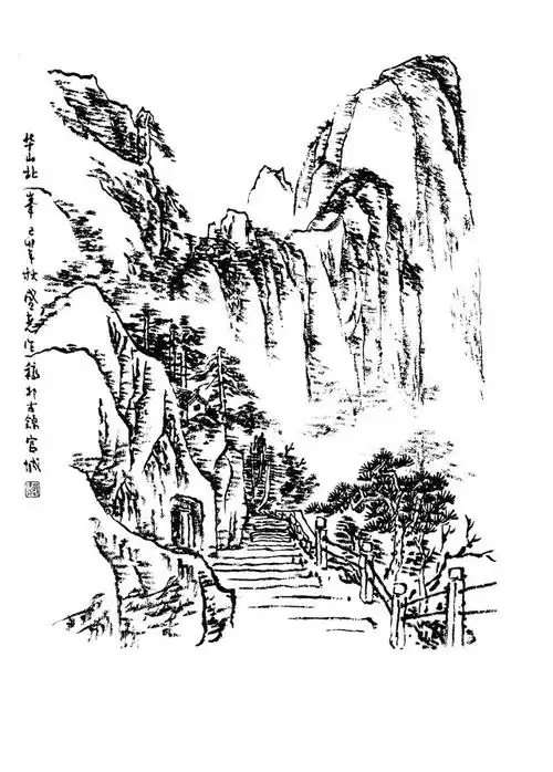 白描山水画稿,国画白描山水,白描山水线稿,白描山水画线描图片