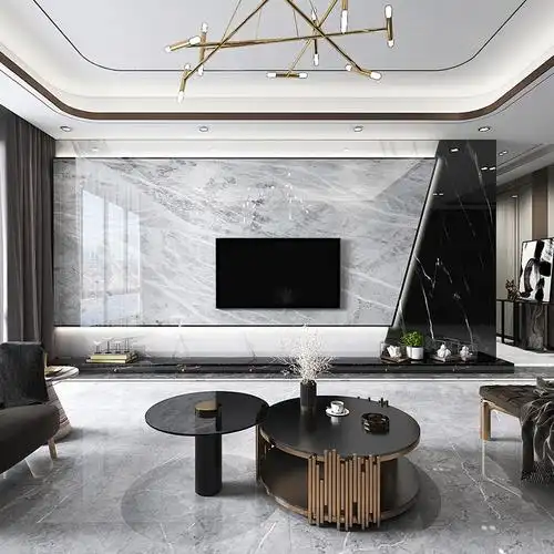 大理石电视背景墙瓷砖现代简约客厅轻奢装饰石材电视墙悬空影视墙