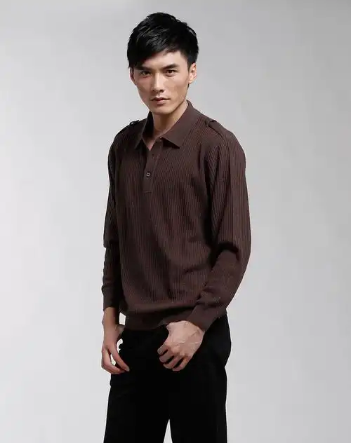 luis深卡其色翻领条纹时尚长袖毛衣