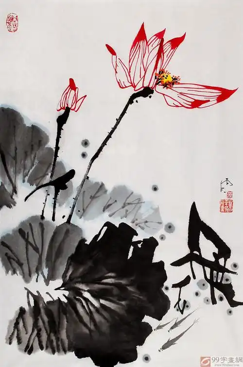 qa辽宁著名画家苗雨四尺三开国画荷花清香远溢