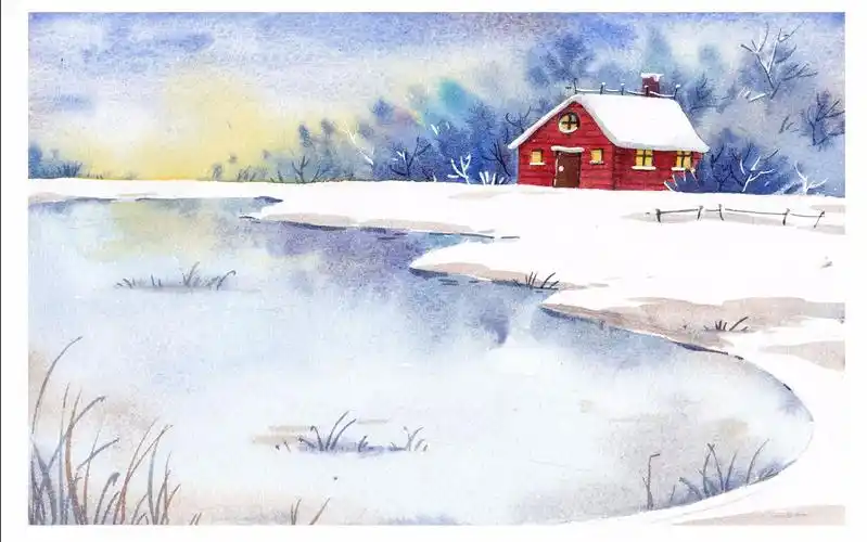 手绘水彩风景示范雪景湖水的画法