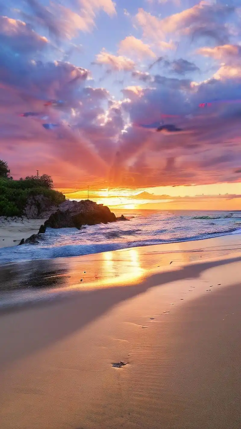 🌅日落海滩壁纸,浪漫至死不渝🌊 日落时分,海滩上洒满了金色的