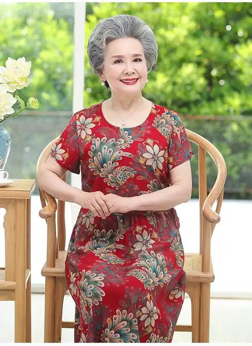 老太太裙子夏季老奶奶中老年人夏装女连衣裙棉绸宽松老人60岁70妈妈