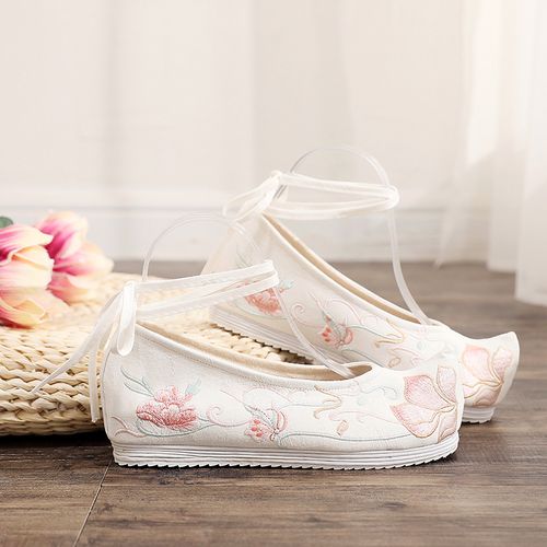 清仓古风鞋子女汉服鞋内增高女千层底绣花布鞋系带翘头弓鞋古装鞋