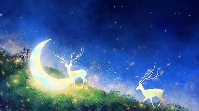 唯美星空与鹿治愈系夜晚插画背景