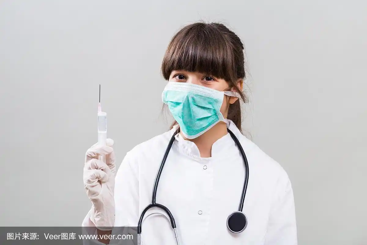 注射器,小的,拿着,模仿成人,儿科医师