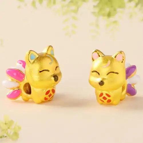 镀黄金3d金色狐狸桃花运礼物礼物缅甸砂金转运珠九尾狐皮绳手链女