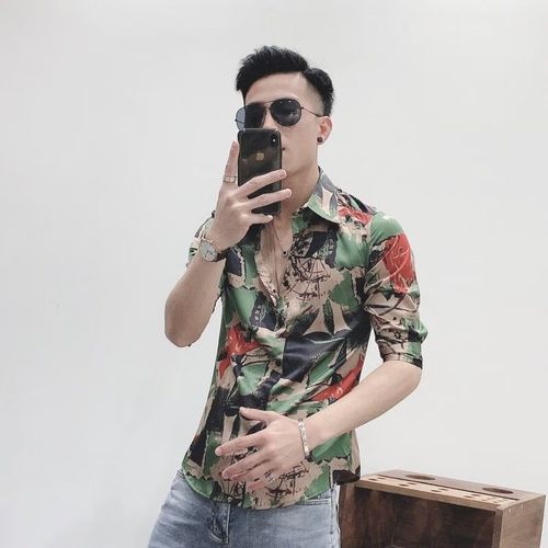 井承  2023夏季短袖衬衫男韩版修身免烫中袖花衬衣社会帅哥 356图片色