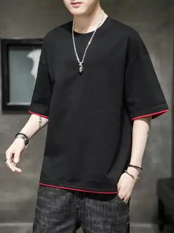 卡漫森短袖t恤男春夏季宽松青年圆领半袖韩版潮流ins假两件体恤黑色l