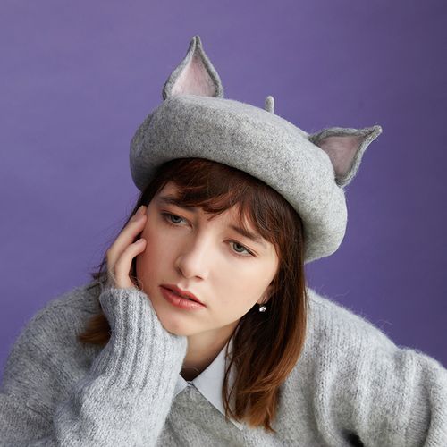 瘦瘦家羊毛毡猫耳朵贝雷帽羊毛呢秋冬画家帽情人节女友礼物手工