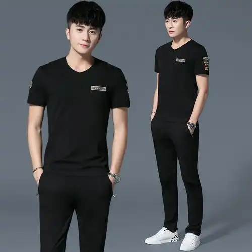 男士套装2018新款夏装男装韩版潮流衣服男短袖t恤夏季休闲套装男 白色