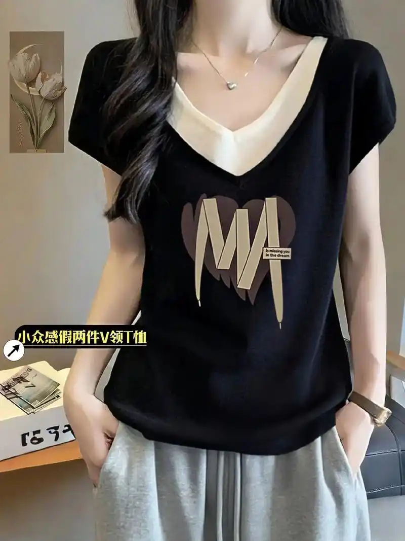 小众设计感假两件v领短袖t恤女大码休闲