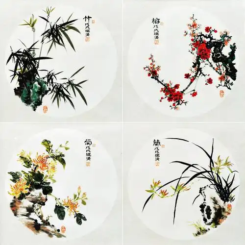 梅兰竹菊 花鸟四联画 圆形扇面