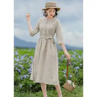 liscn亚麻连衣裙高端宽松收腰显瘦气质文艺a字大摆裙棉麻女装复古原创