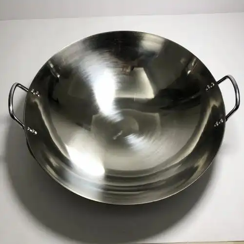 不锈钢双耳炒锅加厚大炒锅无涂层大锅圆底炒锅家用炒锅工厂大锅