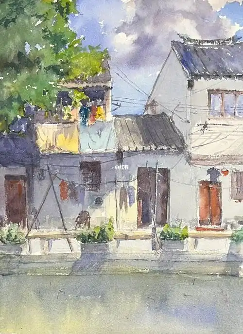 水彩江南小镇
