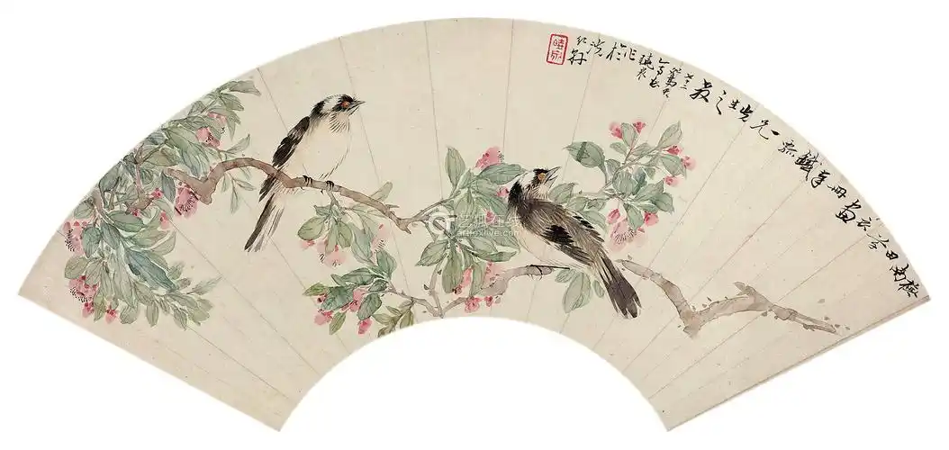 姜埙17641821桃花小鸟扇面设色纸本