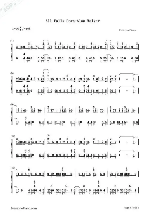 all falls down-alan walker双手简谱预览