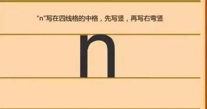 声母 n写在四线格的中格,先写竖,再写右弯竖,竖要写直