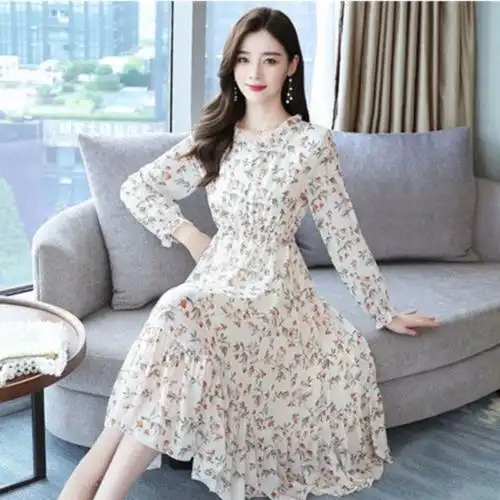 大码长袖碎花雪纺连衣裙图片