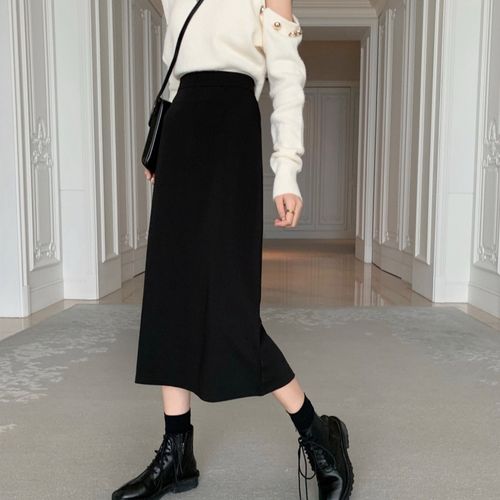 字直筒半身裙女矮个子秋冬高腰中长显高搭配xs半身裙