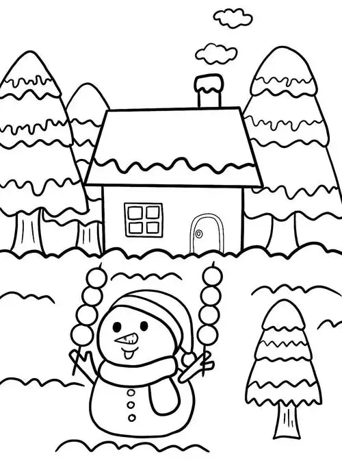冬季雪人儿童画下雪冰糖葫芦房子卡通画