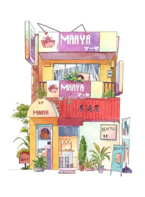 日系店铺水彩画日式小店水彩插画