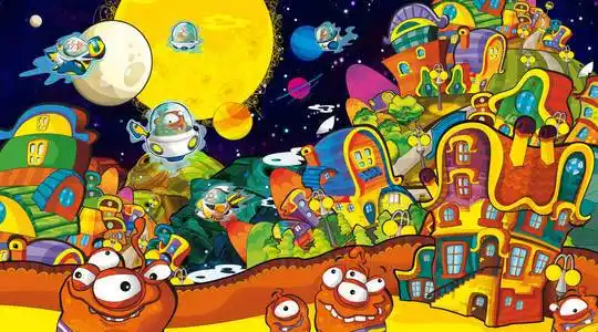 卡通场景,一些滑稽的外星人在城市和飞行的ufo船白色背景插图的儿童