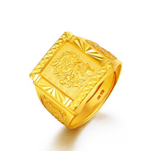 霸气翔龙黄金戒指 宽面方形龙头戒指 大克数大金戒指 纯金实心活口男