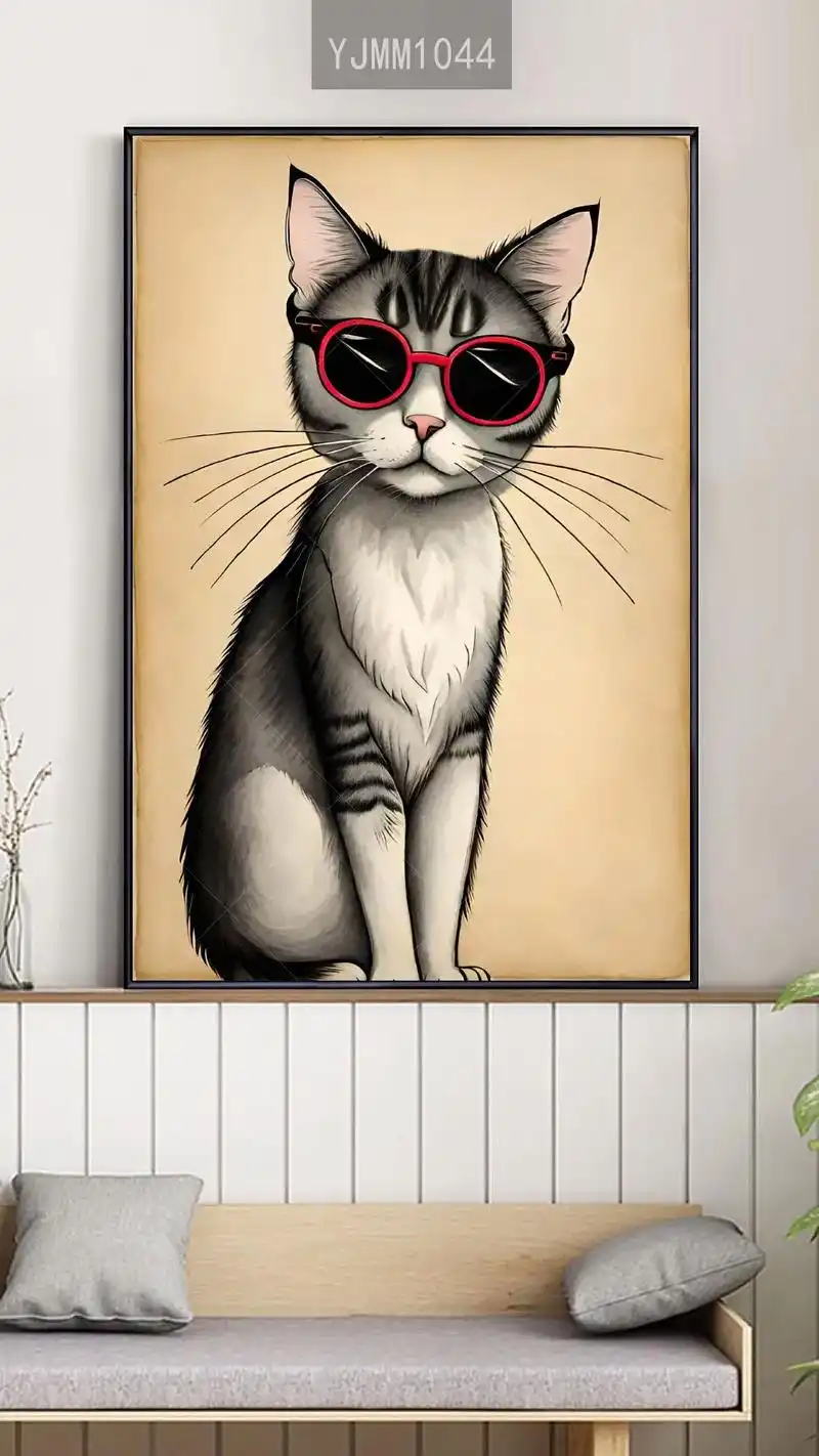 戴眼镜猫咪可爱动物头像客厅卧室床头装饰画图片素材图库大全 # - 抖