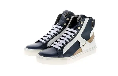 versace collection 范思哲 男款蓝色配白色皮质平底系带高帮休闲鞋