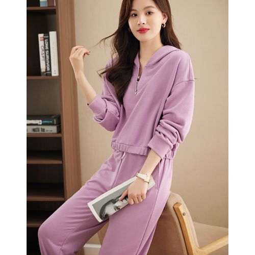 【香芋紫显嫩套装女】秋季休闲半拉链短卫衣纯色束脚运动裤子