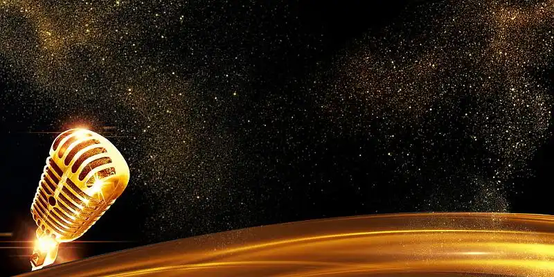 黑金色大气质感科技演讲麦克风演讲艺术展板演讲背景