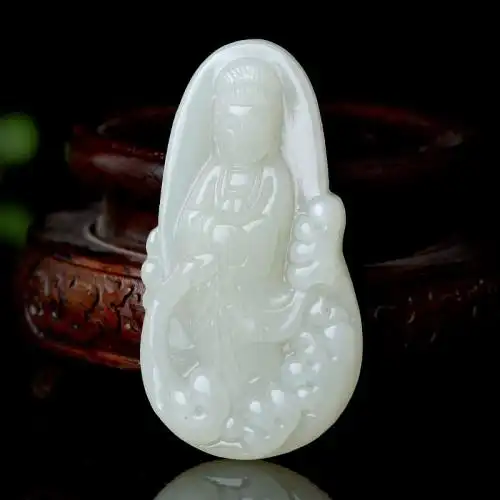 天然新疆和田玉观音吊坠白玉籽料济世洒水观音颈饰