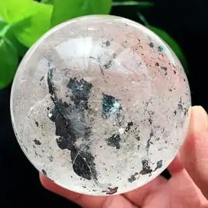 全新纯天然水晶球包裹黑云母异像矿物石圆形客厅摆件一物一图收藏