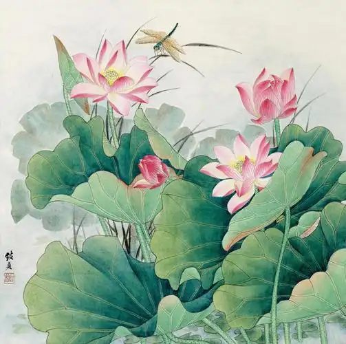 0355红荷蜻蜓镜心设色纸本
