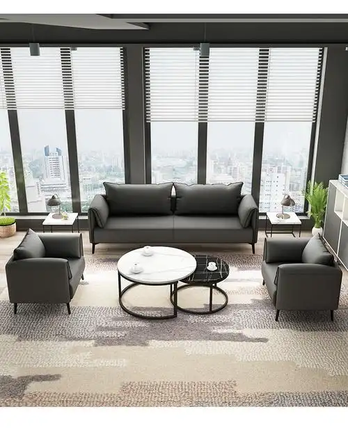 办公沙发接待室商务简约现代休闲真皮三人位办公家具沙发茶几组合