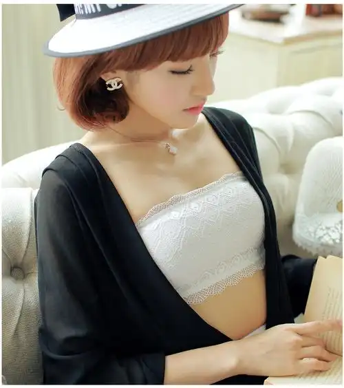 春夏季无肩带裹胸短款薄 防走光蕾丝抹胸黑色打底内衣无胸垫