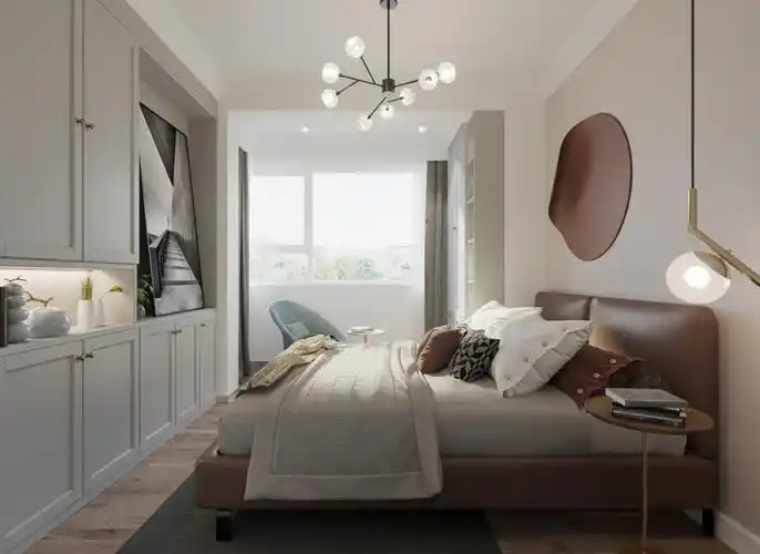 主卧与阳台打通,空间感大一些,主卧整面墙的壁柜设计,搭配衣柜,房间