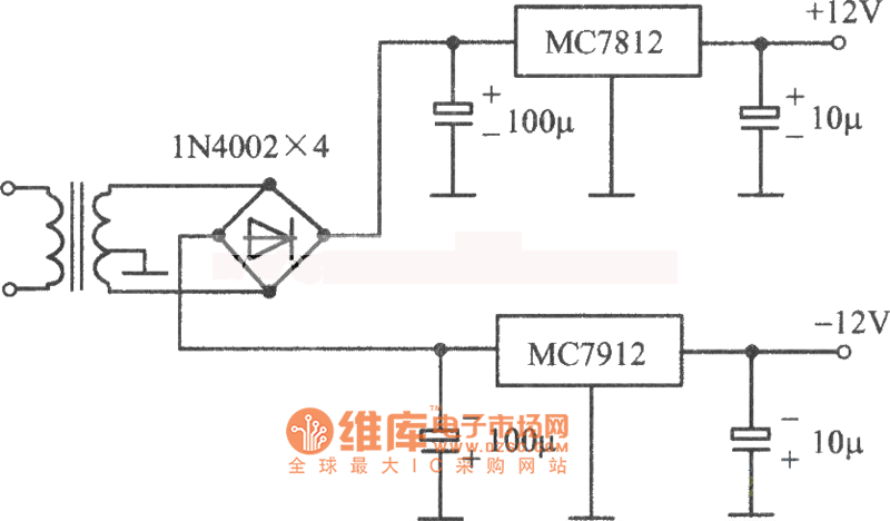 mc7812正压mc7912mc负压构成的的12v稳压电源电路图
