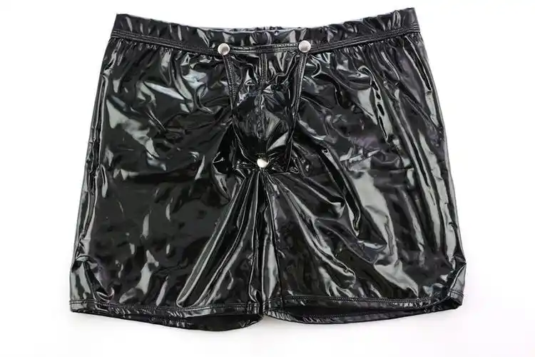 男士情趣仿皮中裤5分漆皮内裤低腰枪弹分离囊袋开口u凸设计