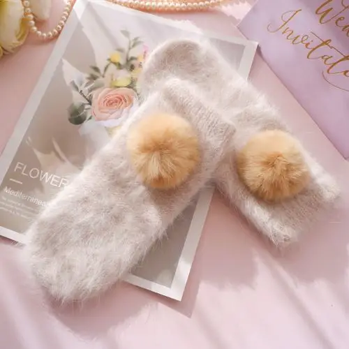 女士手套长兔毛连指甜美双层针织秋冬保暖可爱韩版小清新软妹毛绒