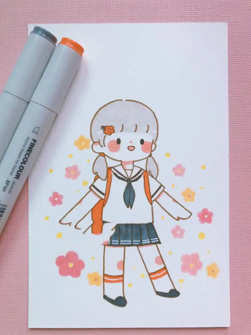 校服女孩(附线稿) 头画大了一点点明天上绘画过程视频 马克笔萌系人物