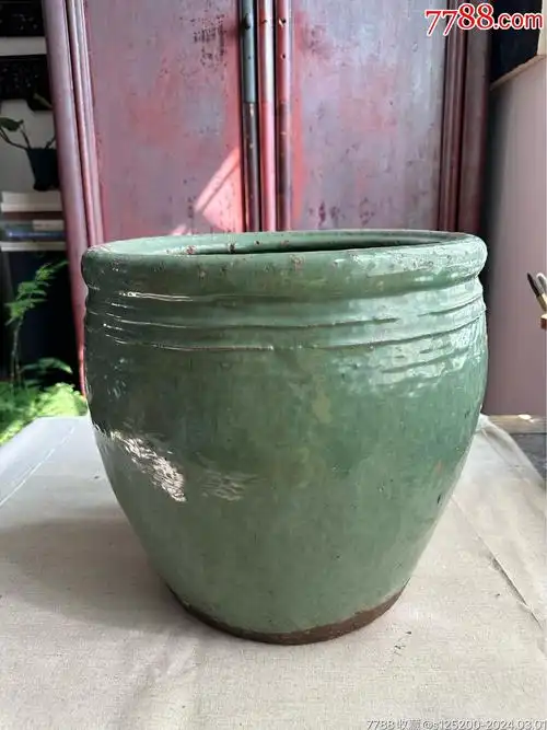 古董古玩收藏杂项清代绿釉卷轴缸大缸民俗收藏怀旧