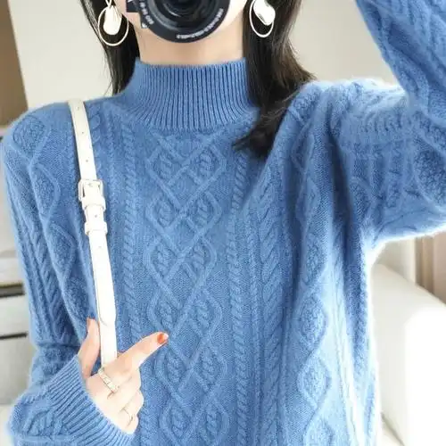 秋冬半高高领菱形毛衣针织衫套头加厚麻花宽松毛针织衫