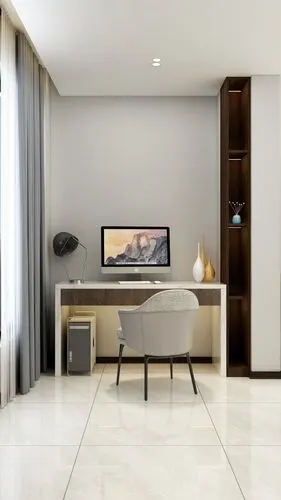 象牙白的瓷砖和浅灰色的墙面色彩搭配,让人在电脑前工作,玩耍时内心