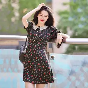 港味复古chic高级感气质修身显瘦小个子赫本风法式碎花a字连衣裙