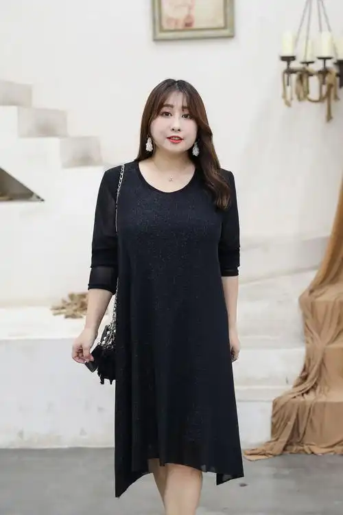 特加肥加大码女装230斤胖人mm宽松遮肉显瘦秋冬连衣裙打底裙子黑色3xl