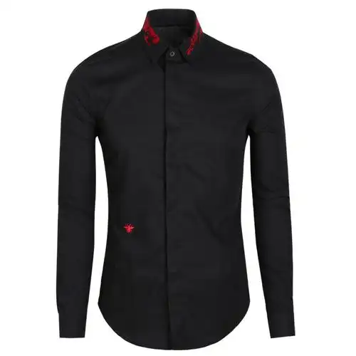 轻奢高端英伦经典色彩刺绣小蜜蜂长袖衬衫男士黑白色时尚修身商务上衣