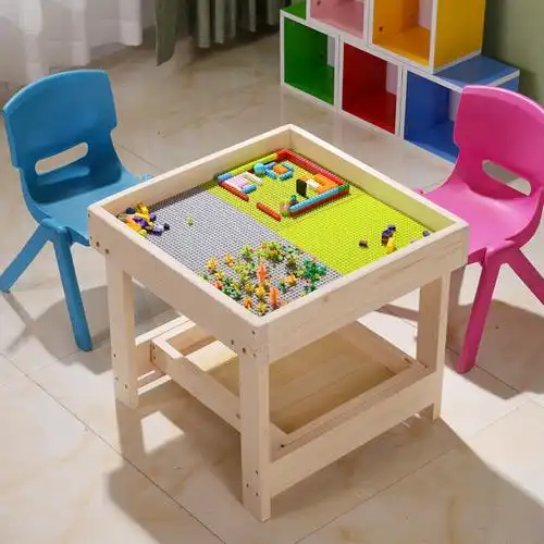 实木儿童积木桌19岁拼装玩具兼容legao多功能学习桌沙盘桌565650双层